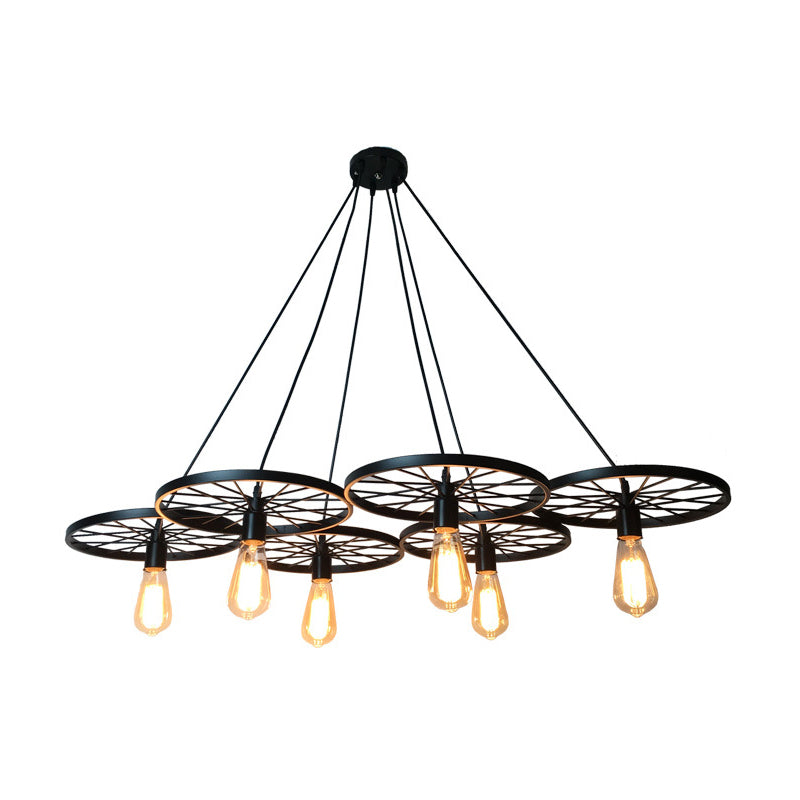 3/6 Lights Iron Hanging Chandelier Farmhouse Black Wheel Bistro Ceiling Pendant Lamp Clearhalo 'Cast Iron' 'Ceiling Lights' 'Chandeliers' 'Industrial Chandeliers' 'Industrial' 'Metal' 'Middle Century Chandeliers' 'Rustic Chandeliers' 'Tiffany' Lighting' 1969046