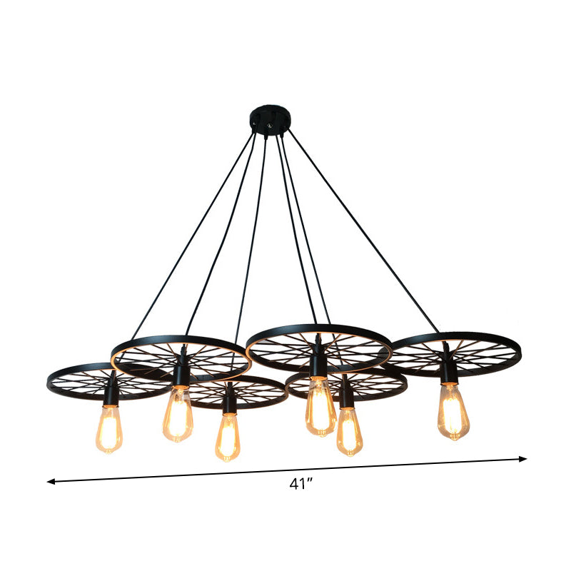 3/6 Lights Iron Hanging Chandelier Farmhouse Black Wheel Bistro Ceiling Pendant Lamp Clearhalo 'Cast Iron' 'Ceiling Lights' 'Chandeliers' 'Industrial Chandeliers' 'Industrial' 'Metal' 'Middle Century Chandeliers' 'Rustic Chandeliers' 'Tiffany' Lighting' 1969047