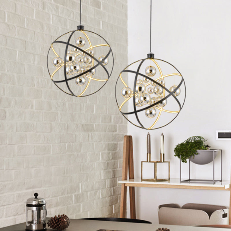 19.5"/31.5" W Black LED Pendant Chandelier Industrial Iron Globe Ceiling Hang Light with Ball Chrome Glass Shade Clearhalo 'Cast Iron' 'Ceiling Lights' 'Chandeliers' 'Industrial Chandeliers' 'Industrial' 'Metal' 'Middle Century Chandeliers' 'Rustic Chandeliers' 'Tiffany' Lighting' 1969049
