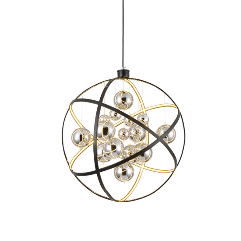 19.5"/31.5" W Black LED Pendant Chandelier Industrial Iron Globe Ceiling Hang Light with Ball Chrome Glass Shade Clearhalo 'Cast Iron' 'Ceiling Lights' 'Chandeliers' 'Industrial Chandeliers' 'Industrial' 'Metal' 'Middle Century Chandeliers' 'Rustic Chandeliers' 'Tiffany' Lighting' 1969051