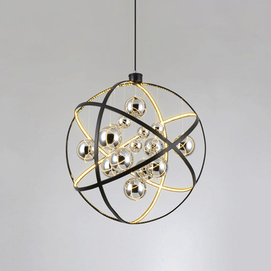 19.5"/31.5" W Black LED Pendant Chandelier Industrial Iron Globe Ceiling Hang Light with Ball Chrome Glass Shade Clearhalo 'Cast Iron' 'Ceiling Lights' 'Chandeliers' 'Industrial Chandeliers' 'Industrial' 'Metal' 'Middle Century Chandeliers' 'Rustic Chandeliers' 'Tiffany' Lighting' 1969052