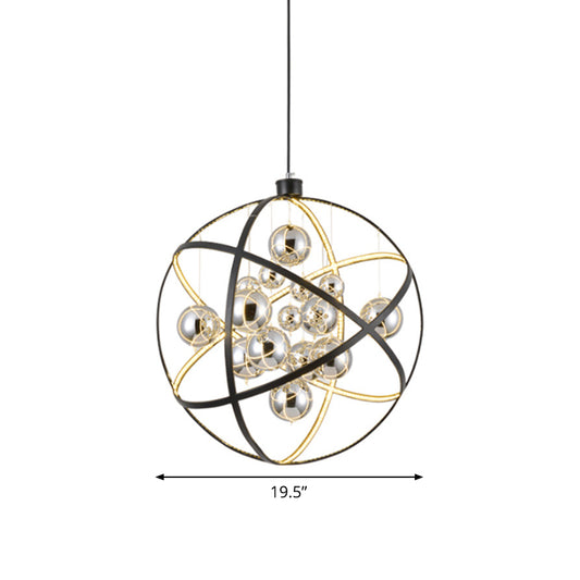19.5"/31.5" W Black LED Pendant Chandelier Industrial Iron Globe Ceiling Hang Light with Ball Chrome Glass Shade Clearhalo 'Cast Iron' 'Ceiling Lights' 'Chandeliers' 'Industrial Chandeliers' 'Industrial' 'Metal' 'Middle Century Chandeliers' 'Rustic Chandeliers' 'Tiffany' Lighting' 1969053