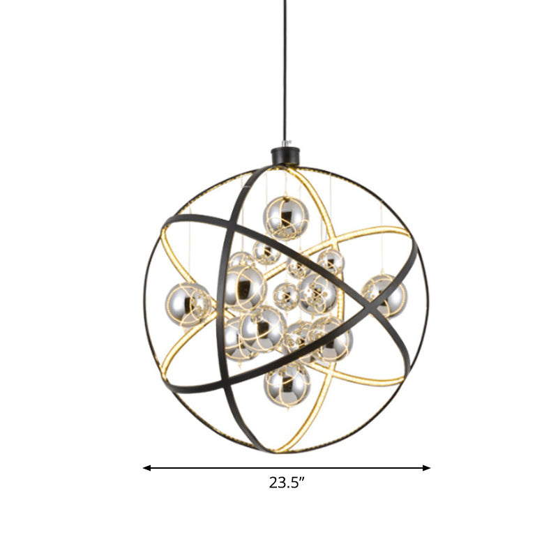19.5"/31.5" W Black LED Pendant Chandelier Industrial Iron Globe Ceiling Hang Light with Ball Chrome Glass Shade Clearhalo 'Cast Iron' 'Ceiling Lights' 'Chandeliers' 'Industrial Chandeliers' 'Industrial' 'Metal' 'Middle Century Chandeliers' 'Rustic Chandeliers' 'Tiffany' Lighting' 1969054