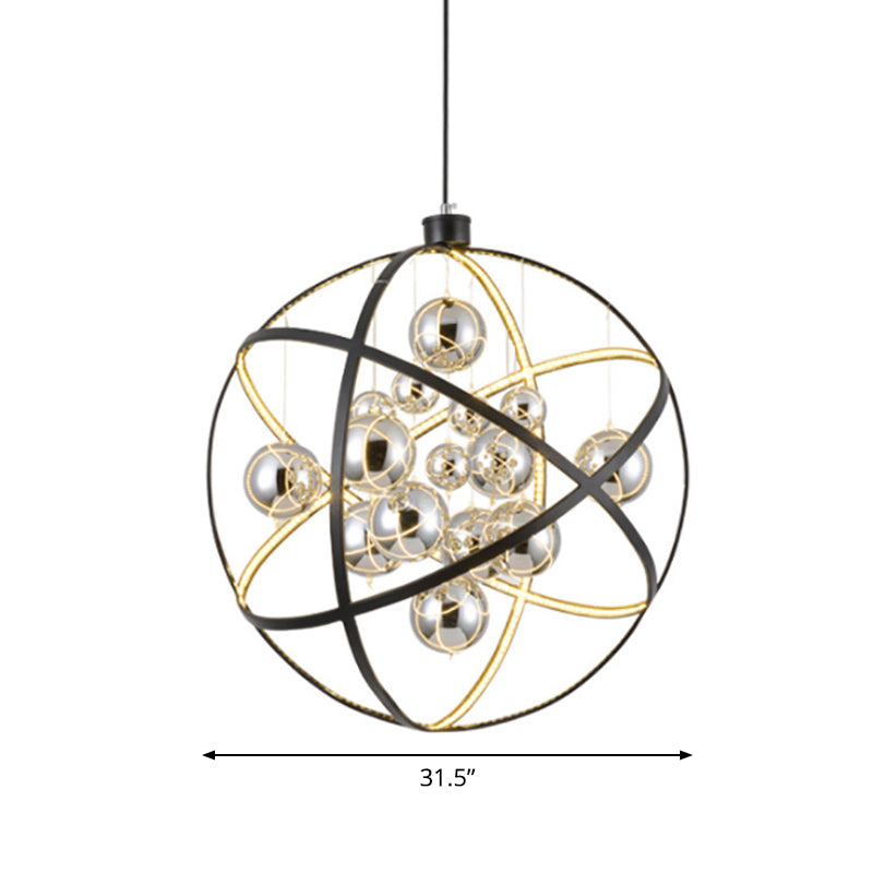19.5"/31.5" W Black LED Pendant Chandelier Industrial Iron Globe Ceiling Hang Light with Ball Chrome Glass Shade Clearhalo 'Cast Iron' 'Ceiling Lights' 'Chandeliers' 'Industrial Chandeliers' 'Industrial' 'Metal' 'Middle Century Chandeliers' 'Rustic Chandeliers' 'Tiffany' Lighting' 1969055