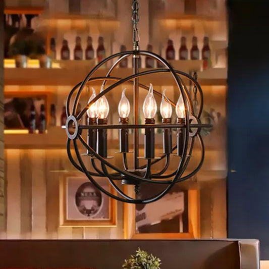 6 Bulbs Spherical Hanging Light Warehouse Black Iron Chandelier Pendant for Restaurant Clearhalo 'Cast Iron' 'Ceiling Lights' 'Chandeliers' 'Industrial Chandeliers' 'Industrial' 'Metal' 'Middle Century Chandeliers' 'Rustic Chandeliers' 'Tiffany' Lighting' 1969057