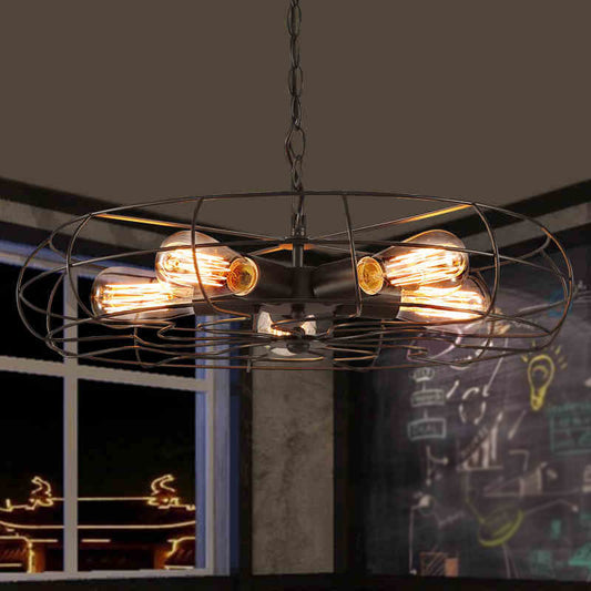 Round Caged Restaurant Ceiling Pendant Industrial Iron 5-Bulb 19"/21.5" W Black Chandelier Lamp Black Clearhalo 'Cast Iron' 'Ceiling Lights' 'Chandeliers' 'Industrial Chandeliers' 'Industrial' 'Metal' 'Middle Century Chandeliers' 'Rustic Chandeliers' 'Tiffany' Lighting' 1969062