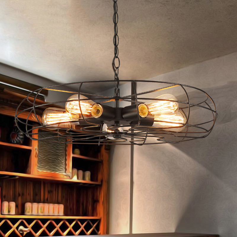 Round Caged Restaurant Ceiling Pendant Industrial Iron 5-Bulb 19"/21.5" W Black Chandelier Lamp Clearhalo 'Cast Iron' 'Ceiling Lights' 'Chandeliers' 'Industrial Chandeliers' 'Industrial' 'Metal' 'Middle Century Chandeliers' 'Rustic Chandeliers' 'Tiffany' Lighting' 1969063