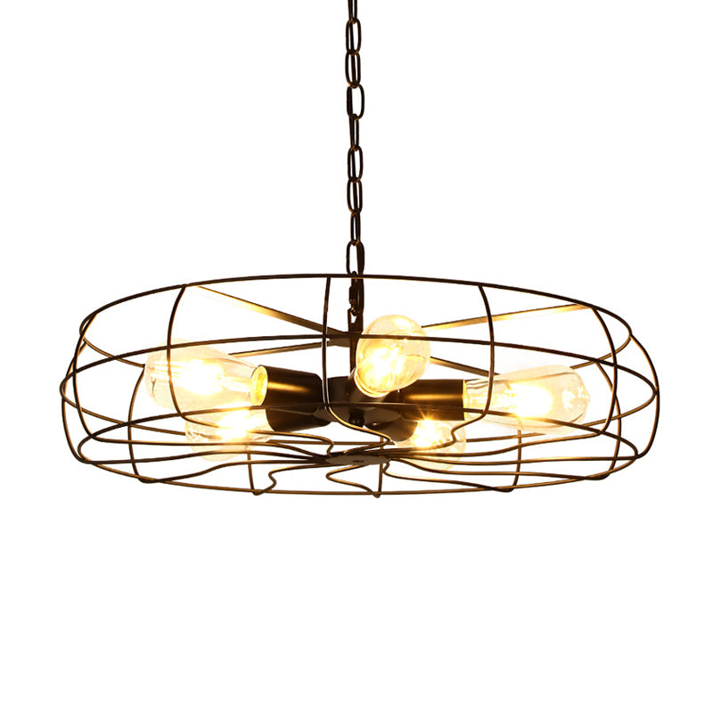 Round Caged Restaurant Ceiling Pendant Industrial Iron 5-Bulb 19"/21.5" W Black Chandelier Lamp Clearhalo 'Cast Iron' 'Ceiling Lights' 'Chandeliers' 'Industrial Chandeliers' 'Industrial' 'Metal' 'Middle Century Chandeliers' 'Rustic Chandeliers' 'Tiffany' Lighting' 1969065