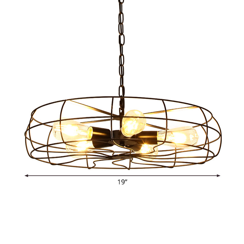 Round Caged Restaurant Ceiling Pendant Industrial Iron 5-Bulb 19"/21.5" W Black Chandelier Lamp Clearhalo 'Cast Iron' 'Ceiling Lights' 'Chandeliers' 'Industrial Chandeliers' 'Industrial' 'Metal' 'Middle Century Chandeliers' 'Rustic Chandeliers' 'Tiffany' Lighting' 1969067