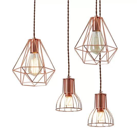 Iron Rose Gold Pendant Lamp Flared/Diamond Cage 1-Light Industrial Ceiling Hang Light for Bedroom Clearhalo 'Art Deco Pendants' 'Cast Iron' 'Ceiling Lights' 'Ceramic' 'Crystal' 'Industrial Pendants' 'Industrial' 'Metal' 'Middle Century Pendants' 'Pendant Lights' 'Pendants' 'Tiffany' Lighting' 1969093