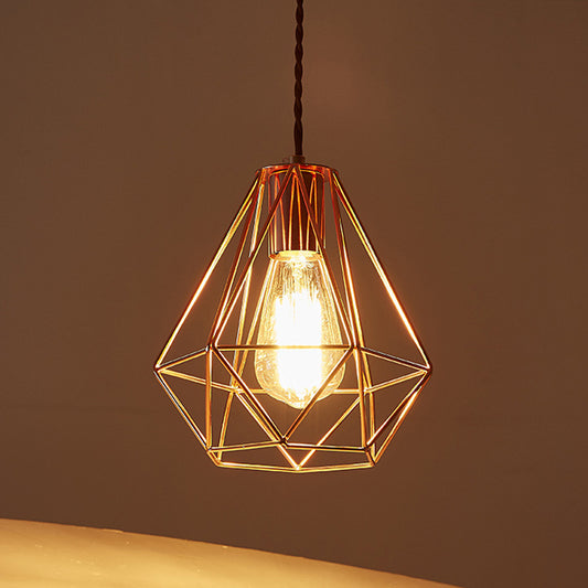 Iron Rose Gold Pendant Lamp Flared/Diamond Cage 1-Light Industrial Ceiling Hang Light for Bedroom Clearhalo 'Art Deco Pendants' 'Cast Iron' 'Ceiling Lights' 'Ceramic' 'Crystal' 'Industrial Pendants' 'Industrial' 'Metal' 'Middle Century Pendants' 'Pendant Lights' 'Pendants' 'Tiffany' Lighting' 1969096