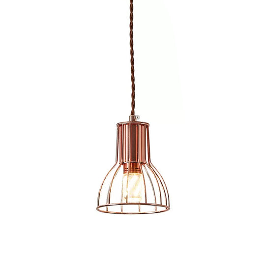 Iron Rose Gold Pendant Lamp Flared/Diamond Cage 1-Light Industrial Ceiling Hang Light for Bedroom Rose Gold Flared Clearhalo 'Art Deco Pendants' 'Cast Iron' 'Ceiling Lights' 'Ceramic' 'Crystal' 'Industrial Pendants' 'Industrial' 'Metal' 'Middle Century Pendants' 'Pendant Lights' 'Pendants' 'Tiffany' Lighting' 1969098