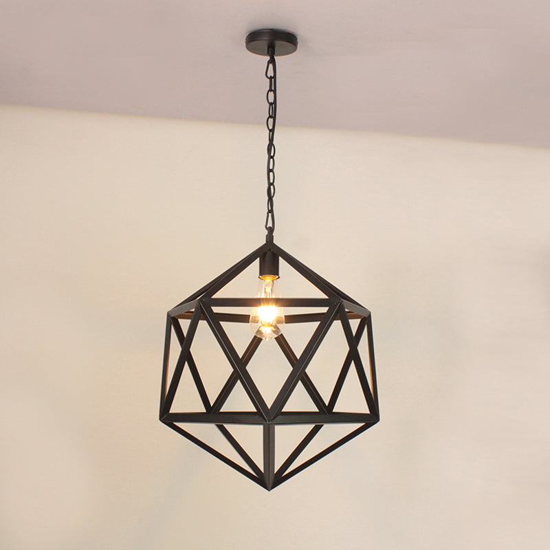 14"/16" Wide 1-Light Pendulum Light Industrial Dining Table Suspension Pendant with Geometric Iron Cage in Black Clearhalo 'Art Deco Pendants' 'Black' 'Cast Iron' 'Ceiling Lights' 'Ceramic' 'Crystal' 'Industrial Pendants' 'Industrial' 'Metal' 'Middle Century Pendants' 'Pendant Lights' 'Pendants' 'Rustic Pendants' 'Tiffany' Lighting' 1969110