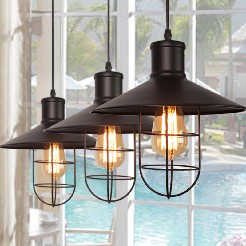 Industrial Saucer Shade Pendant Lamp 1 Head Metal Hanging Light Fixture with Cage Bottom in Black Clearhalo 'Art Deco Pendants' 'Black' 'Cast Iron' 'Ceiling Lights' 'Ceramic' 'Crystal' 'Industrial Pendants' 'Industrial' 'Metal' 'Middle Century Pendants' 'Pendant Lights' 'Pendants' 'Rustic Pendants' 'Tiffany' Lighting' 1969144