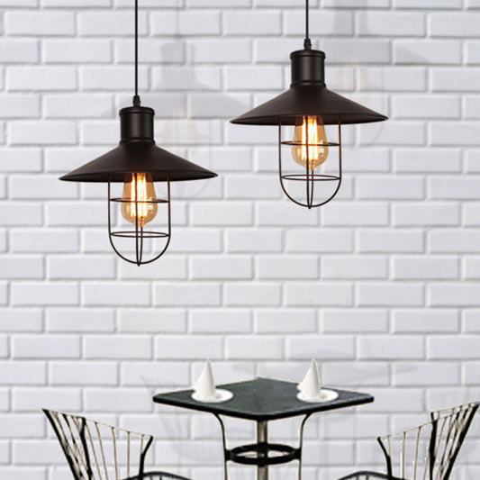 Industrial Saucer Shade Pendant Lamp 1 Head Metal Hanging Light Fixture with Cage Bottom in Black Clearhalo 'Art Deco Pendants' 'Black' 'Cast Iron' 'Ceiling Lights' 'Ceramic' 'Crystal' 'Industrial Pendants' 'Industrial' 'Metal' 'Middle Century Pendants' 'Pendant Lights' 'Pendants' 'Rustic Pendants' 'Tiffany' Lighting' 1969145