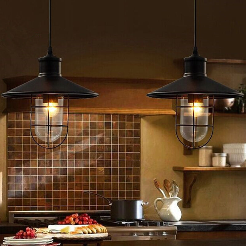 Saucer Dining Room Pendulum Light Rustic Iron 1 Bulb 10.5"/14" Wide Black Pendant Lamp with Extra 2-Shade Guard Clearhalo 'Art Deco Pendants' 'Black' 'Cast Iron' 'Ceiling Lights' 'Ceramic' 'Crystal' 'Industrial Pendants' 'Industrial' 'Metal' 'Middle Century Pendants' 'Pendant Lights' 'Pendants' 'Rustic Pendants' 'Tiffany' Lighting' 1969178