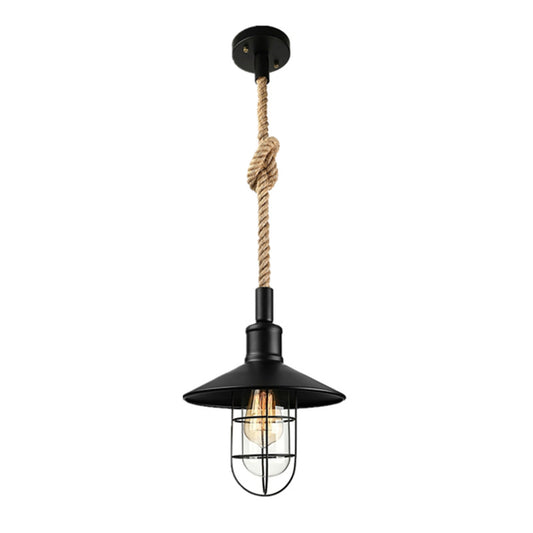 Barn/Bowl/Saucer Iron Suspension Light Farmhouse Single Dining Room Ceiling Pendant in Black with Hemp Rope Cord - Clearhalo - 'Art Deco Pendants' - 'Black' - 'Cast Iron' - 'Ceiling Lights' - 'Ceramic' - 'Crystal' - 'Industrial Pendants' - 'Industrial' - 'Metal' - 'Middle Century Pendants' - 'Pendant Lights' - 'Pendants' - 'Rustic Pendants' - 'Tiffany' - Lighting' - 1969187