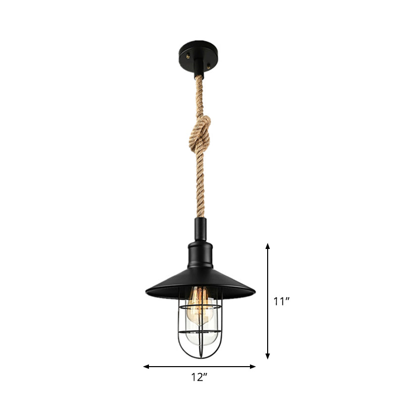 Barn/Bowl/Saucer Iron Suspension Light Farmhouse Single Dining Room Ceiling Pendant in Black with Hemp Rope Cord Clearhalo 'Art Deco Pendants' 'Black' 'Cast Iron' 'Ceiling Lights' 'Ceramic' 'Crystal' 'Industrial Pendants' 'Industrial' 'Metal' 'Middle Century Pendants' 'Pendant Lights' 'Pendants' 'Rustic Pendants' 'Tiffany' Lighting' 1969188