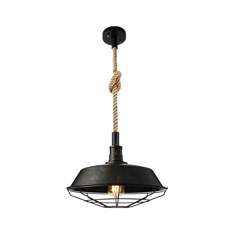 Barn/Bowl/Saucer Iron Suspension Light Farmhouse Single Dining Room Ceiling Pendant in Black with Hemp Rope Cord Black C Clearhalo 'Art Deco Pendants' 'Black' 'Cast Iron' 'Ceiling Lights' 'Ceramic' 'Crystal' 'Industrial Pendants' 'Industrial' 'Metal' 'Middle Century Pendants' 'Pendant Lights' 'Pendants' 'Rustic Pendants' 'Tiffany' Lighting' 1969191
