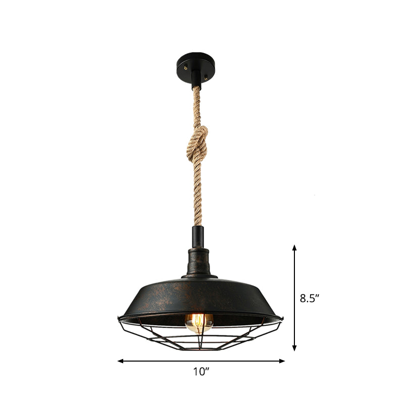 Barn/Bowl/Saucer Iron Suspension Light Farmhouse Single Dining Room Ceiling Pendant in Black with Hemp Rope Cord Clearhalo 'Art Deco Pendants' 'Black' 'Cast Iron' 'Ceiling Lights' 'Ceramic' 'Crystal' 'Industrial Pendants' 'Industrial' 'Metal' 'Middle Century Pendants' 'Pendant Lights' 'Pendants' 'Rustic Pendants' 'Tiffany' Lighting' 1969192