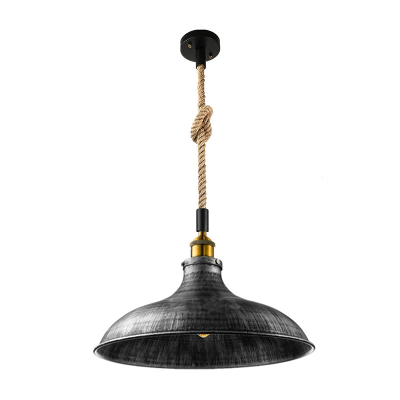 Barn/Bowl/Saucer Iron Suspension Light Farmhouse Single Dining Room Ceiling Pendant in Black with Hemp Rope Cord Black D Clearhalo 'Art Deco Pendants' 'Black' 'Cast Iron' 'Ceiling Lights' 'Ceramic' 'Crystal' 'Industrial Pendants' 'Industrial' 'Metal' 'Middle Century Pendants' 'Pendant Lights' 'Pendants' 'Rustic Pendants' 'Tiffany' Lighting' 1969193