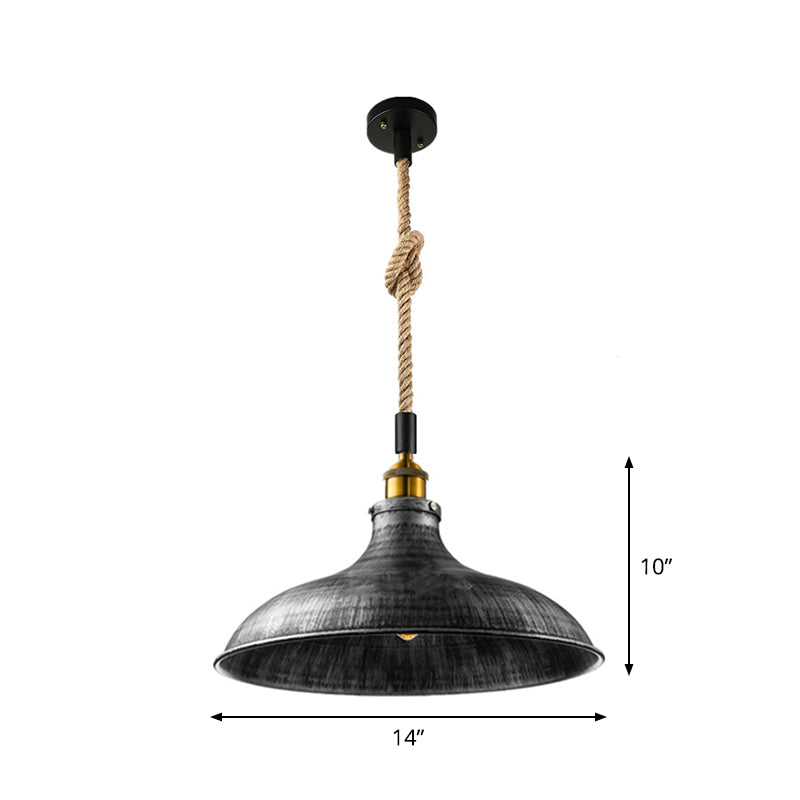 Barn/Bowl/Saucer Iron Suspension Light Farmhouse Single Dining Room Ceiling Pendant in Black with Hemp Rope Cord Clearhalo 'Art Deco Pendants' 'Black' 'Cast Iron' 'Ceiling Lights' 'Ceramic' 'Crystal' 'Industrial Pendants' 'Industrial' 'Metal' 'Middle Century Pendants' 'Pendant Lights' 'Pendants' 'Rustic Pendants' 'Tiffany' Lighting' 1969194