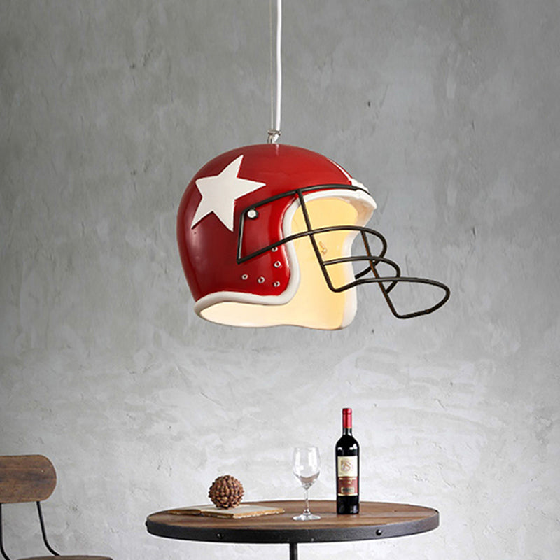 Resin Soccer Helmet Ceiling Pendant Industrial Single Restaurant Suspension Light in Red/White Red Clearhalo 'Art Deco Pendants' 'Cast Iron' 'Ceiling Lights' 'Ceramic' 'Crystal' 'Industrial Pendants' 'Industrial' 'Metal' 'Middle Century Pendants' 'Pendant Lights' 'Pendants' 'Tiffany' Lighting' 1969207