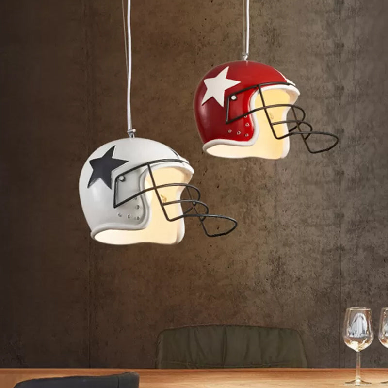 Resin Soccer Helmet Ceiling Pendant Industrial Single Restaurant Suspension Light in Red/White Clearhalo 'Art Deco Pendants' 'Cast Iron' 'Ceiling Lights' 'Ceramic' 'Crystal' 'Industrial Pendants' 'Industrial' 'Metal' 'Middle Century Pendants' 'Pendant Lights' 'Pendants' 'Tiffany' Lighting' 1969213