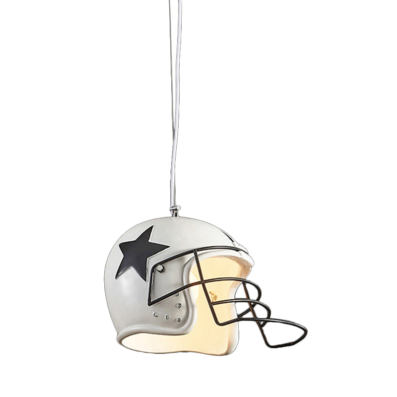 Resin Soccer Helmet Ceiling Pendant Industrial Single Restaurant Suspension Light in Red/White Clearhalo 'Art Deco Pendants' 'Cast Iron' 'Ceiling Lights' 'Ceramic' 'Crystal' 'Industrial Pendants' 'Industrial' 'Metal' 'Middle Century Pendants' 'Pendant Lights' 'Pendants' 'Tiffany' Lighting' 1969214