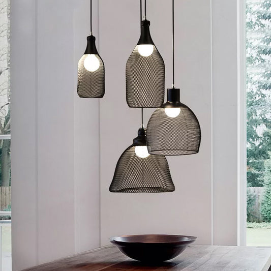 1-Light Dome/Bell/Oval Mesh Drop Pendant Loft Style Black Iron Ceiling Suspension Lamp for Dining Room Black A Clearhalo 'Art Deco Pendants' 'Black' 'Cast Iron' 'Ceiling Lights' 'Ceramic' 'Crystal' 'Industrial Pendants' 'Industrial' 'Metal' 'Middle Century Pendants' 'Pendant Lights' 'Pendants' 'Rustic Pendants' 'Tiffany' Lighting' 1969216