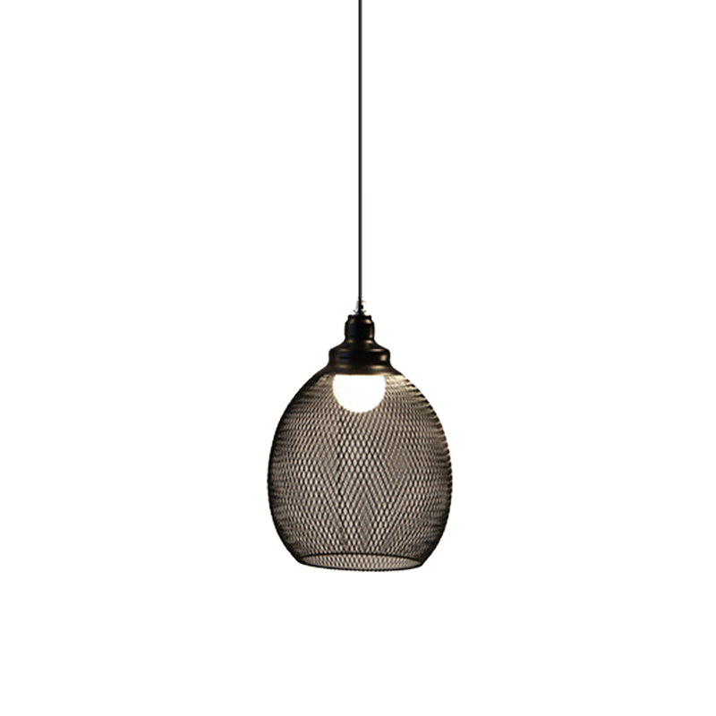 1-Light Dome/Bell/Oval Mesh Drop Pendant Loft Style Black Iron Ceiling Suspension Lamp for Dining Room Black D Clearhalo 'Art Deco Pendants' 'Black' 'Cast Iron' 'Ceiling Lights' 'Ceramic' 'Crystal' 'Industrial Pendants' 'Industrial' 'Metal' 'Middle Century Pendants' 'Pendant Lights' 'Pendants' 'Rustic Pendants' 'Tiffany' Lighting' 1969227