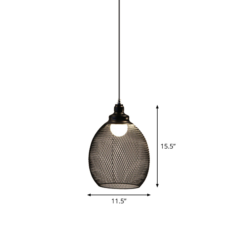 1-Light Dome/Bell/Oval Mesh Drop Pendant Loft Style Black Iron Ceiling Suspension Lamp for Dining Room Clearhalo 'Art Deco Pendants' 'Black' 'Cast Iron' 'Ceiling Lights' 'Ceramic' 'Crystal' 'Industrial Pendants' 'Industrial' 'Metal' 'Middle Century Pendants' 'Pendant Lights' 'Pendants' 'Rustic Pendants' 'Tiffany' Lighting' 1969229