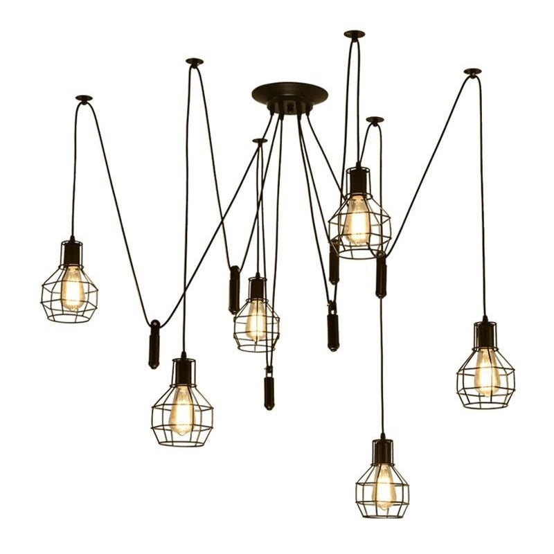 6 Lights Caged Swag Pendant Lighting Industrial Black Iron Multiple Hanging Light with Pulley Clearhalo 'Art Deco Pendants' 'Black' 'Cast Iron' 'Ceiling Lights' 'Ceramic' 'Crystal' 'Industrial Pendants' 'Industrial' 'Metal' 'Middle Century Pendants' 'Pendant Lights' 'Pendants' 'Rustic Pendants' 'Tiffany' Lighting' 1969236