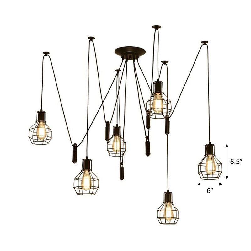 6 Lights Caged Swag Pendant Lighting Industrial Black Iron Multiple Hanging Light with Pulley Clearhalo 'Art Deco Pendants' 'Black' 'Cast Iron' 'Ceiling Lights' 'Ceramic' 'Crystal' 'Industrial Pendants' 'Industrial' 'Metal' 'Middle Century Pendants' 'Pendant Lights' 'Pendants' 'Rustic Pendants' 'Tiffany' Lighting' 1969237