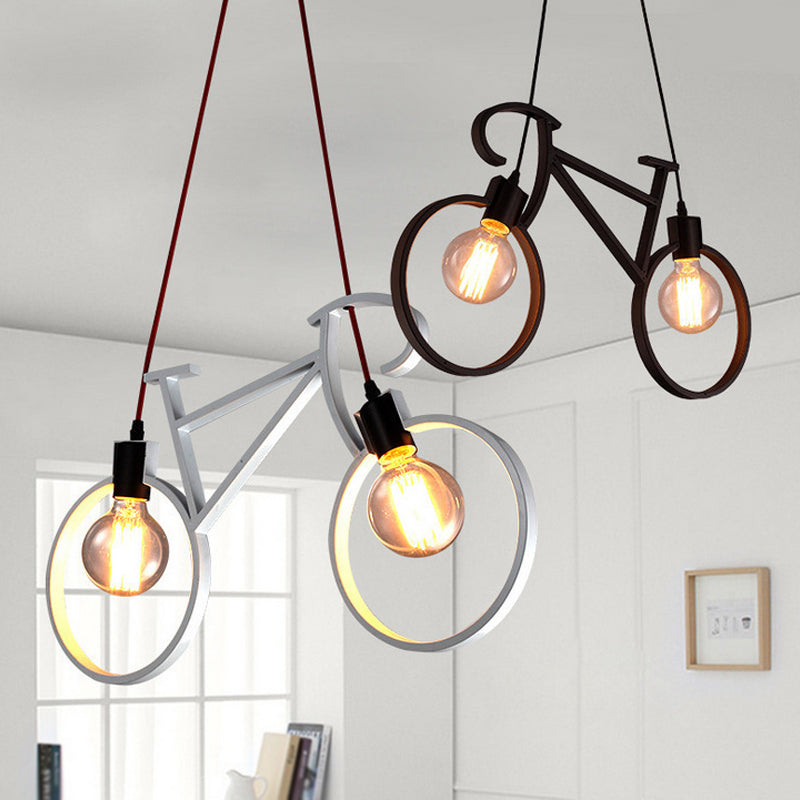 Bicycle Boys Bedroom Multi Light Pendant Industrial Iron 2 Heads Black/White Ceiling Hang Lamp, 20.5"/24.5" W Clearhalo 'Art Deco Pendants' 'Black' 'Cast Iron' 'Ceiling Lights' 'Ceramic' 'Crystal' 'Industrial Pendants' 'Industrial' 'Metal' 'Middle Century Pendants' 'Pendant Lights' 'Pendants' 'Rustic Pendants' 'Tiffany' Lighting' 1969245