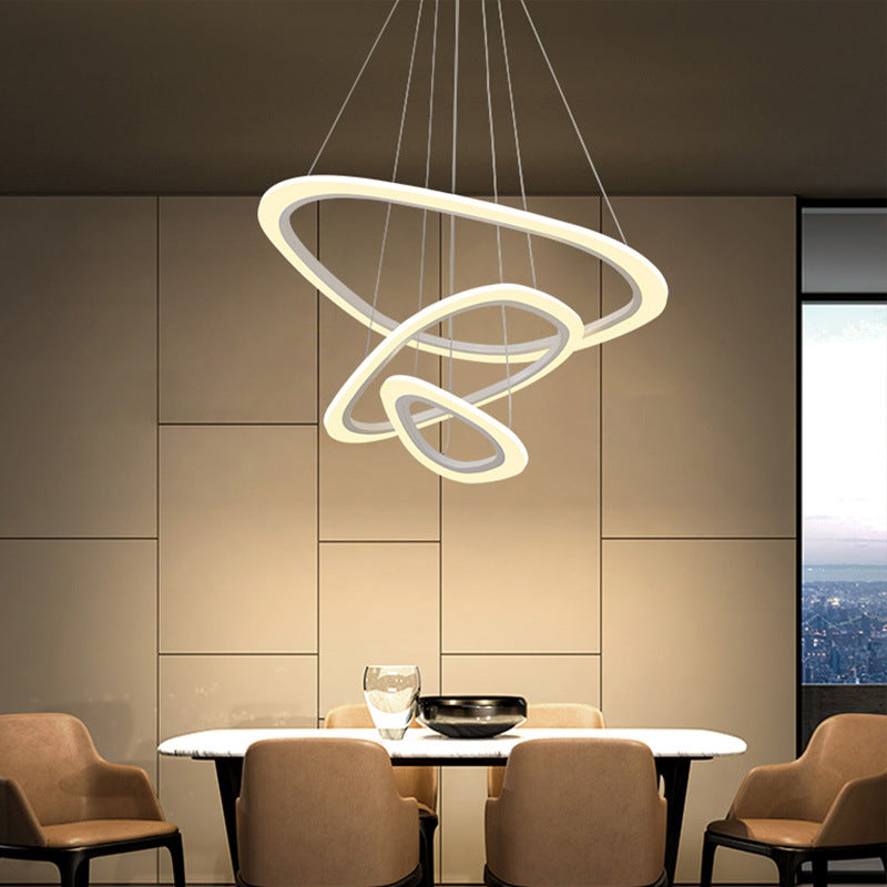 Dining Room LED Pendant Light Minimalist White Chandelier with 2/3-Tier Triangle/Round Acrylic Shade Clearhalo 'Ceiling Lights' 'Chandeliers' 'Modern Chandeliers' 'Modern' Lighting' 1969254