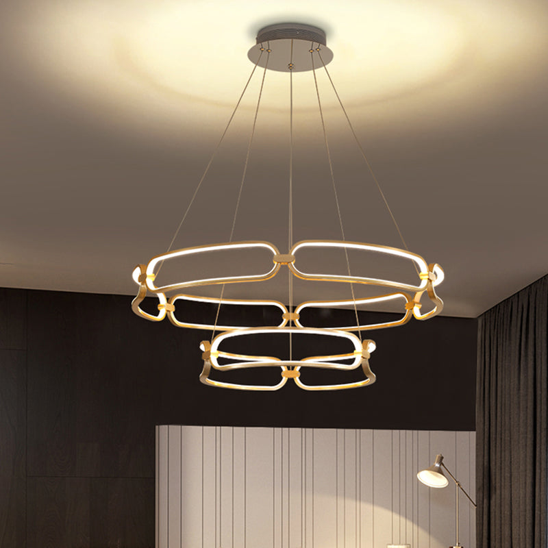 1/2-Tiered Wristlet Shaped Chandelier Simple Stylish Metal Gold LED Hanging Pendant Light, Small/Large Gold 2 Tiers Small Clearhalo 'Ceiling Lights' 'Chandeliers' 'Modern Chandeliers' 'Modern' Lighting' 1969288