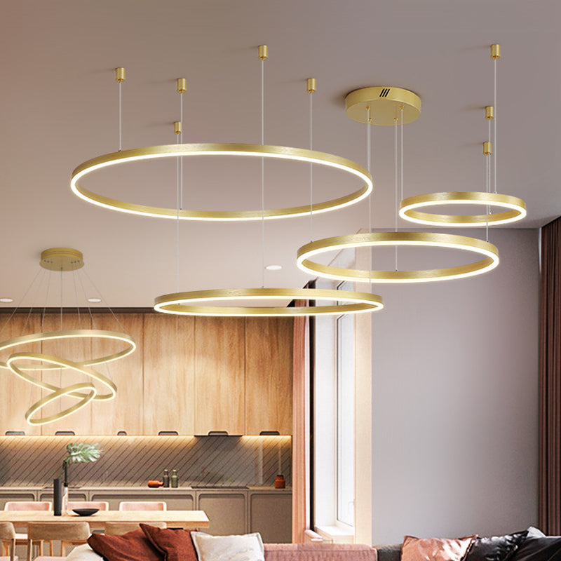 3/4/5 Tiered Hoop Metal Chandelier Postmodern Style Gold LED Hanging Ceiling Light for Living Room Gold 4 Tiers Clearhalo 'Ceiling Lights' 'Chandeliers' 'Modern Chandeliers' 'Modern' Lighting' 1969331