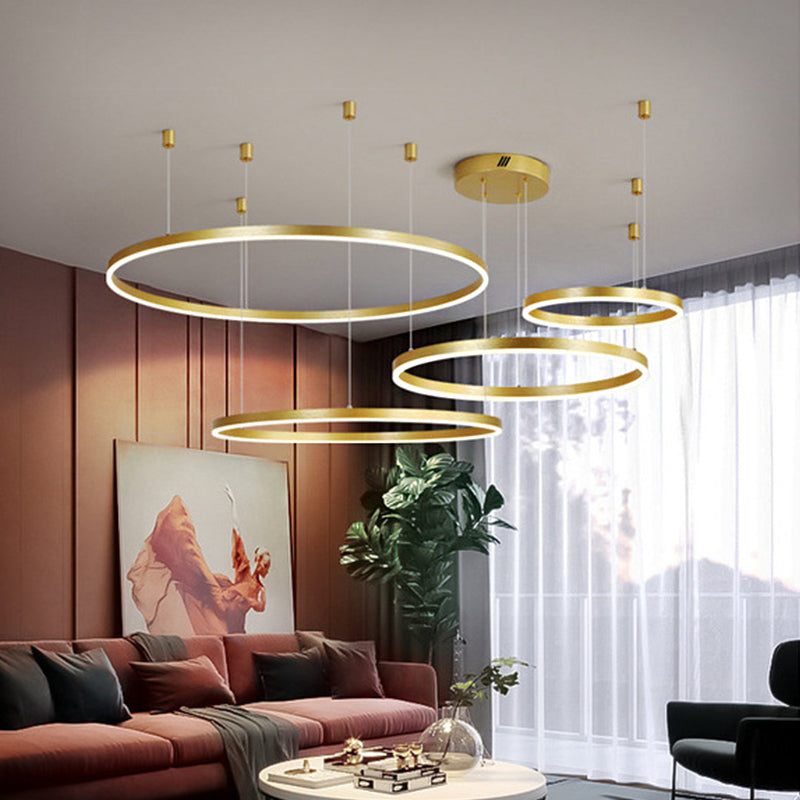 3/4/5 Tiered Hoop Metal Chandelier Postmodern Style Gold LED Hanging Ceiling Light for Living Room Clearhalo 'Ceiling Lights' 'Chandeliers' 'Modern Chandeliers' 'Modern' Lighting' 1969332