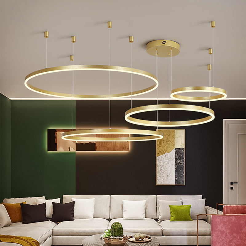3/4/5 Tiered Hoop Metal Chandelier Postmodern Style Gold LED Hanging Ceiling Light for Living Room Clearhalo 'Ceiling Lights' 'Chandeliers' 'Modern Chandeliers' 'Modern' Lighting' 1969333