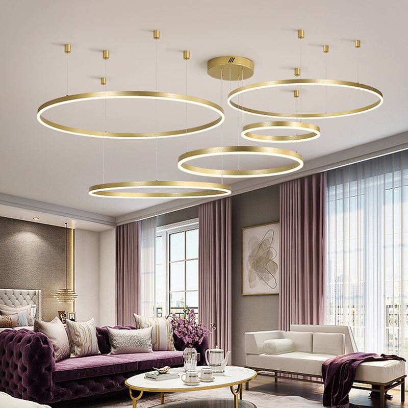 Minimalist 3/5 Tiers LED Pendant Lighting Stainless Steel Living Room  Extra-Slim Hoop Chandelier in Gold