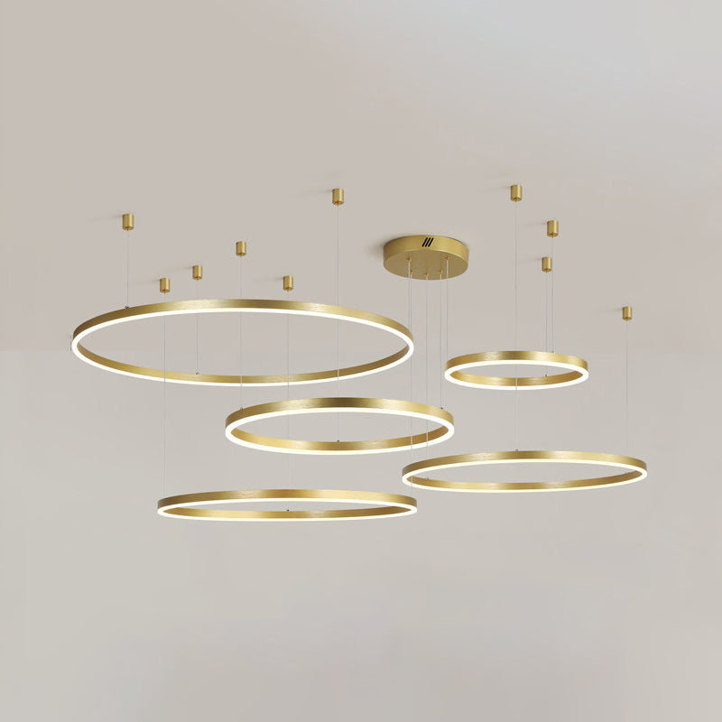 3/4/5 Tiered Hoop Metal Chandelier Postmodern Style Gold LED Hanging Ceiling Light for Living Room Clearhalo 'Ceiling Lights' 'Chandeliers' 'Modern Chandeliers' 'Modern' Lighting' 1969341