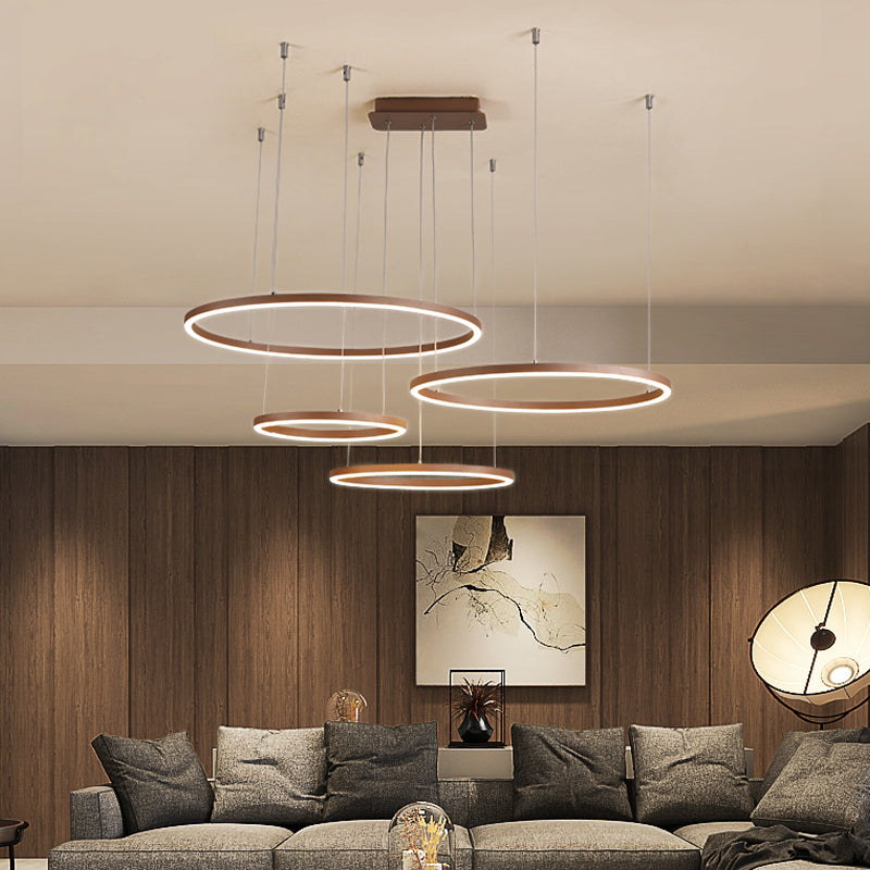 3/4/5-Tier Circular Restaurant Chandelier Acrylic Minimalist LED Ceiling Pendant Light in Brown Brown 4 Tiers Clearhalo 'Ceiling Lights' 'Chandeliers' 'Modern Chandeliers' 'Modern' Lighting' 1969359
