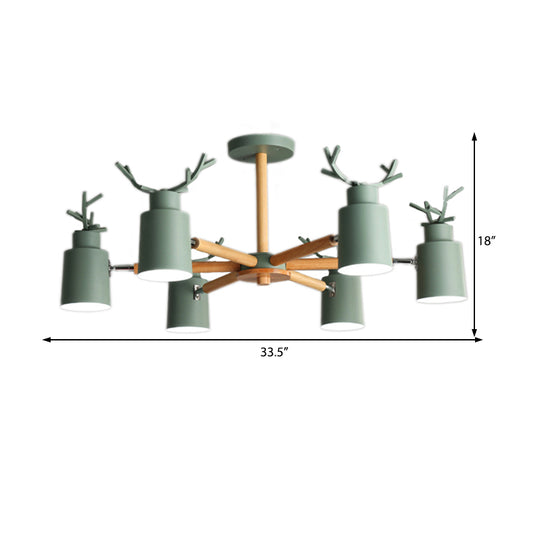 Nordic Cylinder Pendant Light with Antlers Six Lights Wood Chandelier in Green for Kindergarten Clearhalo 'Ceiling Lights' 'Chandeliers' Lighting' options 196935