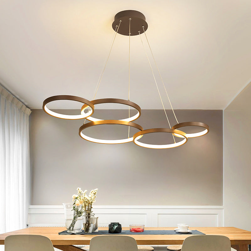 Modernist LED Chandelier Pendant Brown 3/4/5 Tiers Halo Ring Hanging Lamp with Acrylic Shade Brown 5 Tiers & Above Clearhalo 'Ceiling Lights' 'Chandeliers' 'Modern Chandeliers' 'Modern' Lighting' 1969374