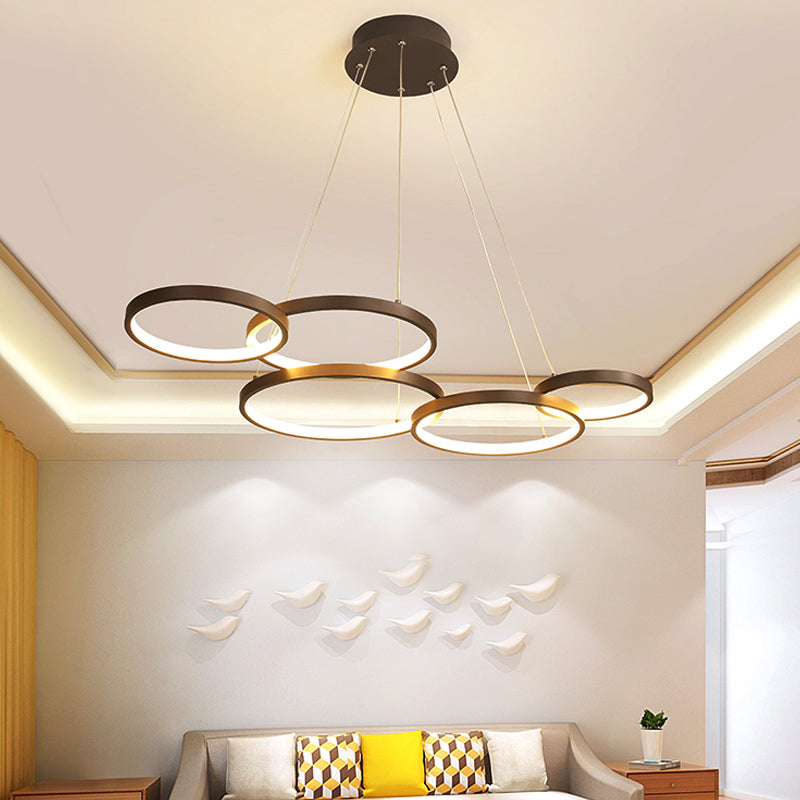 Modernist LED Chandelier Pendant Brown 3/4/5 Tiers Halo Ring Hanging Lamp with Acrylic Shade Clearhalo 'Ceiling Lights' 'Chandeliers' 'Modern Chandeliers' 'Modern' Lighting' 1969376