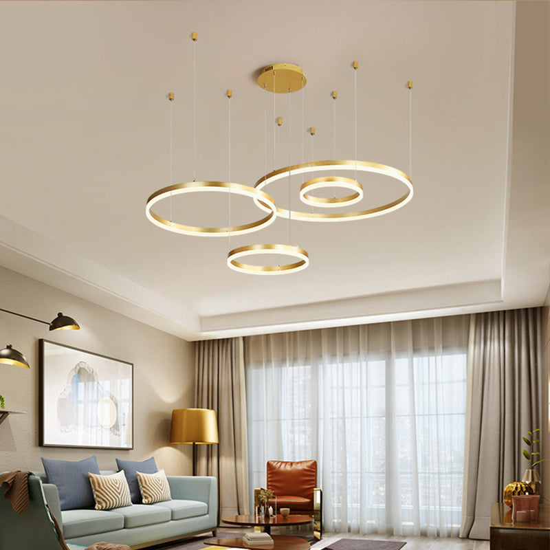 Modern 3/4-Tiered Chandelier Metallic Living Room Circle LED Pendant Lighting in Gold/Coffee, Warm/White Light Gold 4 Tiers Clearhalo 'Ceiling Lights' 'Chandeliers' 'Modern Chandeliers' 'Modern' Lighting' 1969394