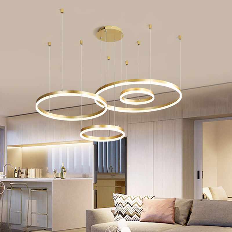 Modern 3/4-Tiered Chandelier Metallic Living Room Circle LED Pendant Lighting in Gold/Coffee, Warm/White Light Clearhalo 'Ceiling Lights' 'Chandeliers' 'Modern Chandeliers' 'Modern' Lighting' 1969395