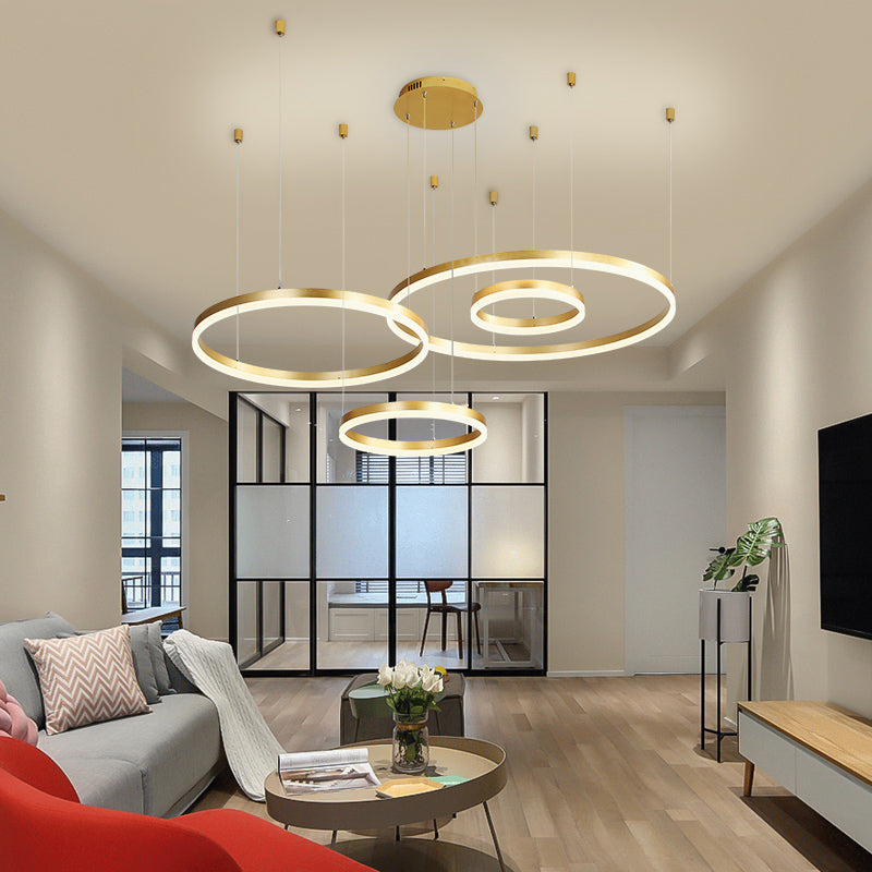 Modern 3/4-Tiered Chandelier Metallic Living Room Circle LED Pendant Lighting in Gold/Coffee, Warm/White Light Clearhalo 'Ceiling Lights' 'Chandeliers' 'Modern Chandeliers' 'Modern' Lighting' 1969396