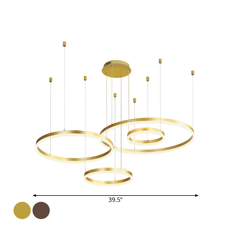 Modern 3/4-Tiered Chandelier Metallic Living Room Circle LED Pendant Lighting in Gold/Coffee, Warm/White Light Clearhalo 'Ceiling Lights' 'Chandeliers' 'Modern Chandeliers' 'Modern' Lighting' 1969398